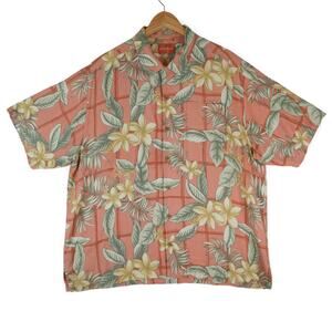 Tommy Bahama Shirt Mens XL Coral Silk Hawaiian Floral Tropical Resortwear Beach